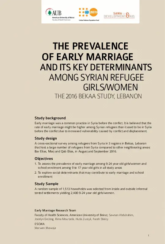 The Prevalence of Early Marriage and its Key Determinants Among Syrian Refugee Girls/Women