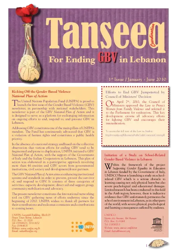 TANSEEQ for Ending GBV in Lebanon, Issue 1